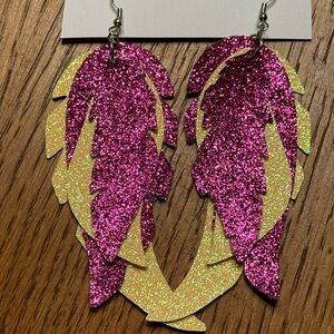 Glitter Feather Earrings in Pink and Yellow